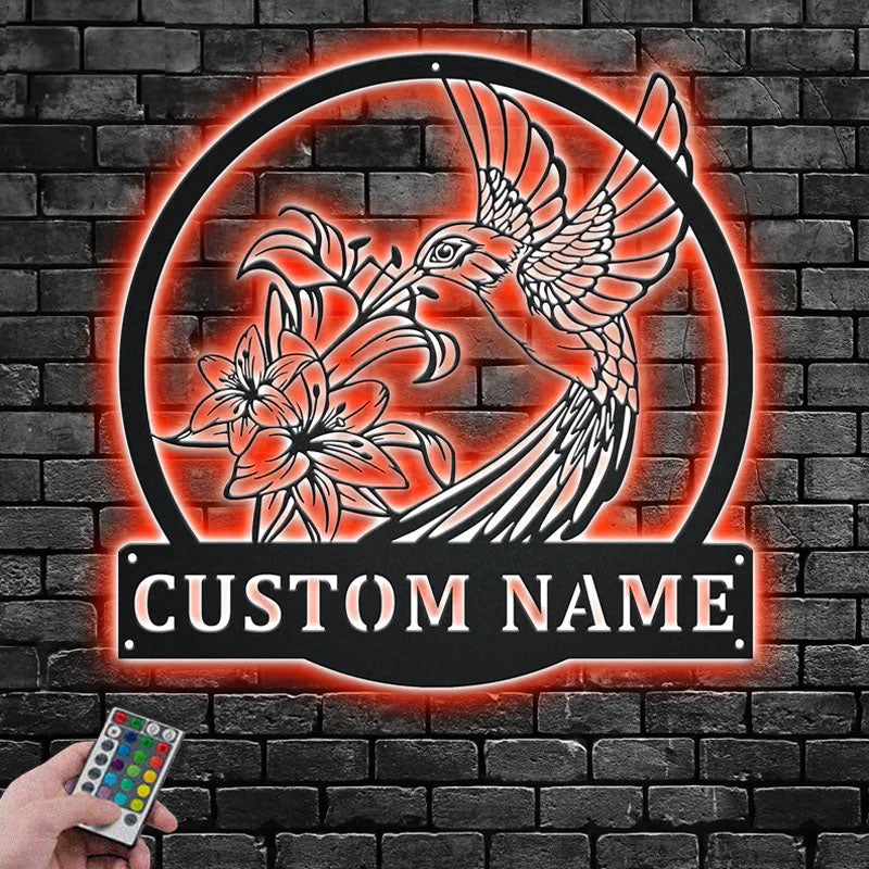 Personalized Hummingbird Flower, Metal Wall Signs With RGB Led Light