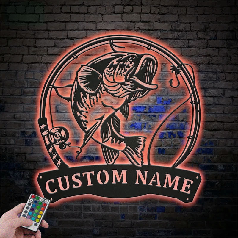 Personalized Largemouth Bass Fish Pole Metal Wall Signs With RGB Led Light