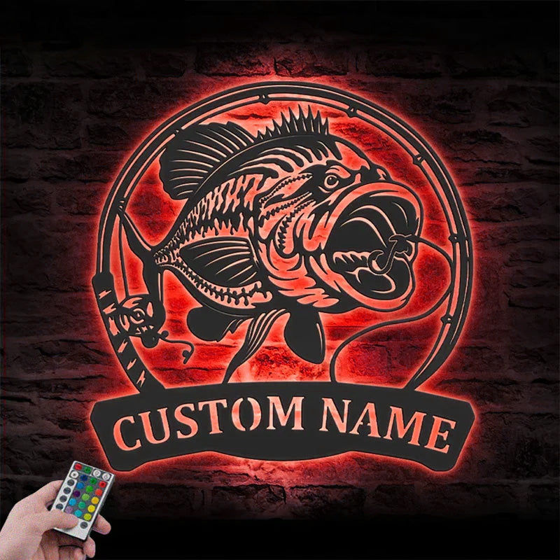 Personalized Largemouth Bass Fishing Metal Wall Signs With RGB Led Light