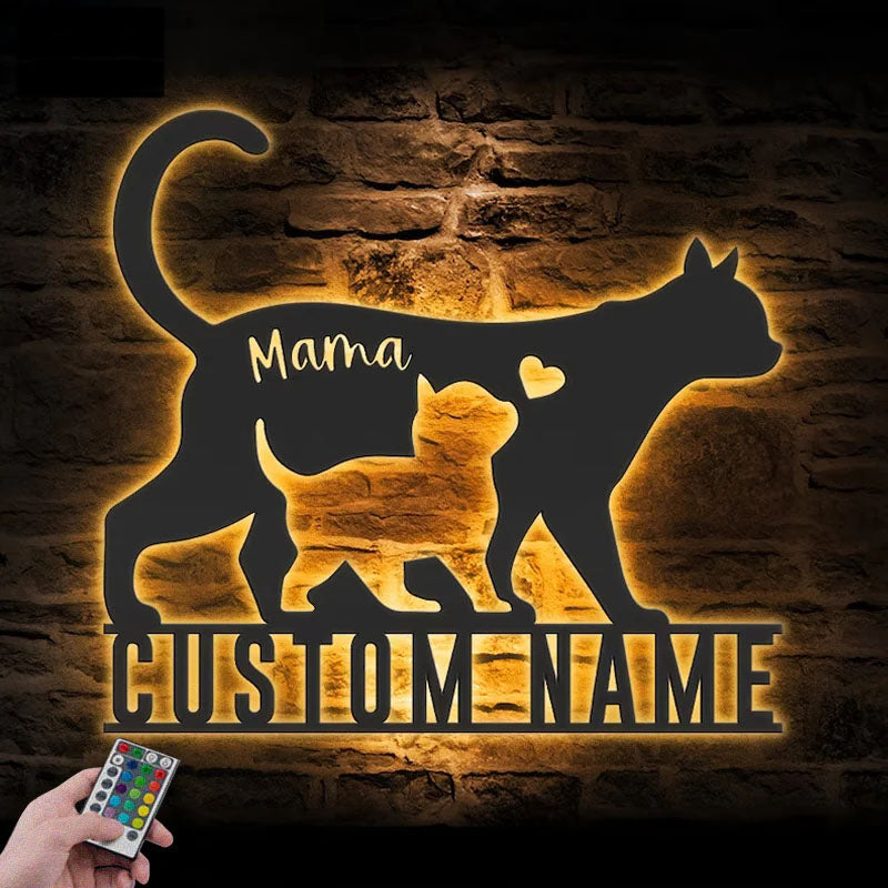 Personalized Mom Baby Cat, Metal Wall Signs With RGB Led Light