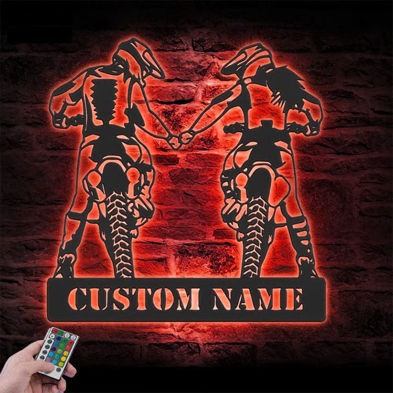 Personalized Motocross Biker Couple Holding Hand, Metal Wall Signs With RGB Led Light