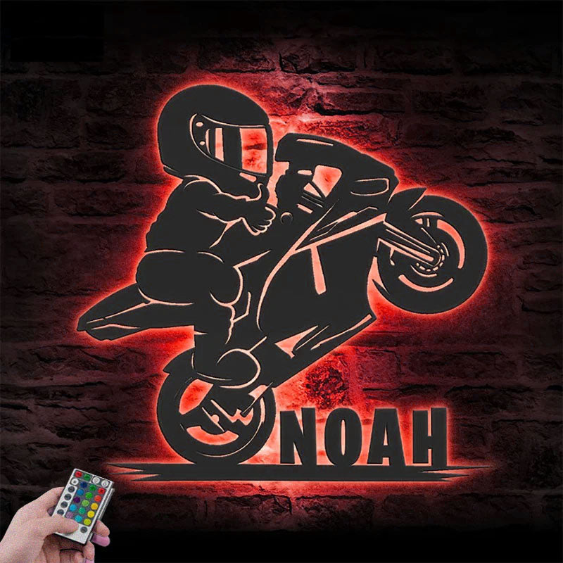 Personalized Motocross Biker Kids, Metal Wall Signs With RGB Led Light