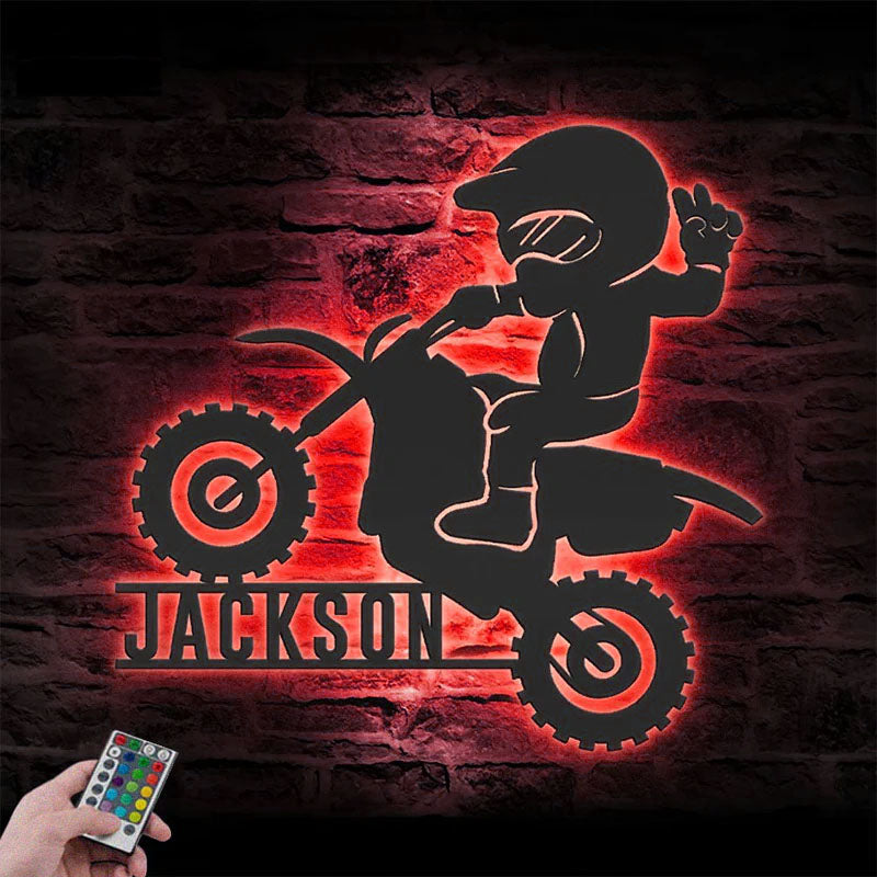 Personalized Motocross Biker Kids, Metal Wall Signs With RGB Led Light