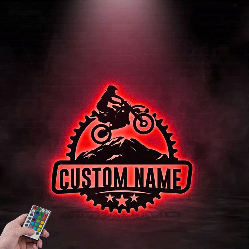 Personalized Motocross Biker Metal Sign, Dirt Bike Name Sign, Metal Wall Signs With RGB Led Light
