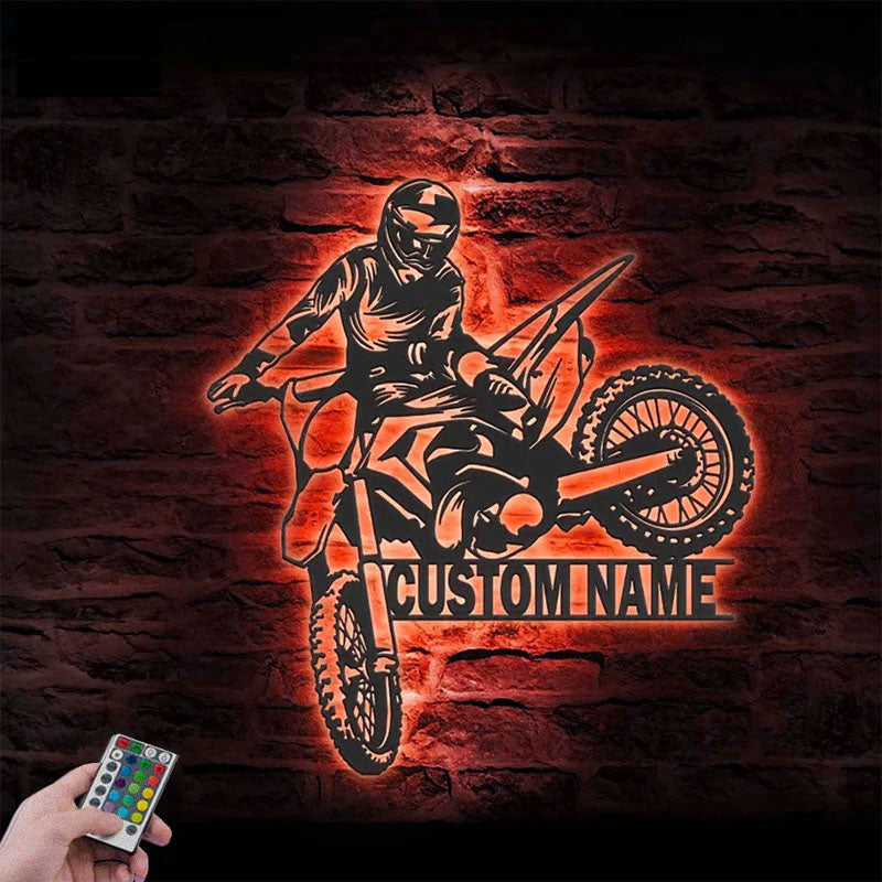 Personalized Motocross Biker, Metal Wall Signs With RGB Led Light