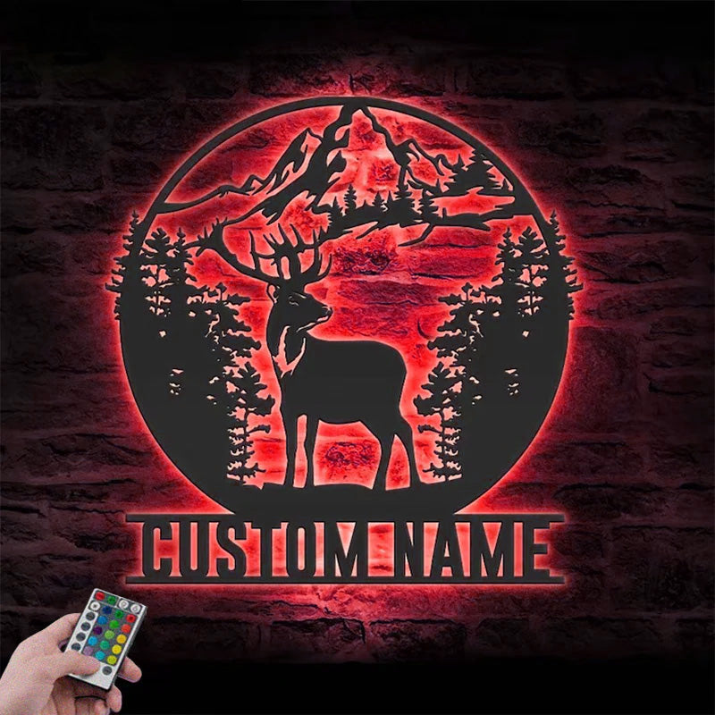 Personalized Moutain Forest Deer Hunting Metal Wall Signs With RGB Led Light