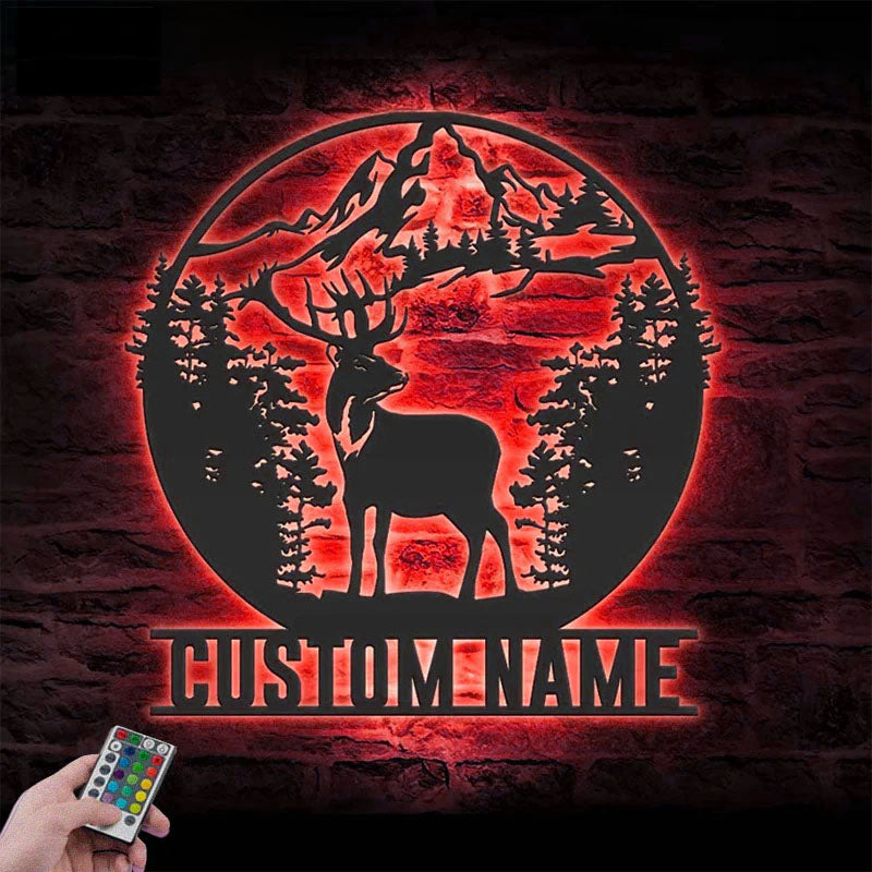 Personalized Moutain Forest Deer Hunting, Metal Wall Signs With RGB Led Light