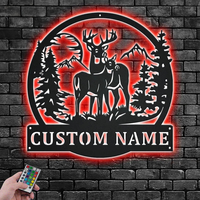 Personalized Name Deer And Mountain Metal Wall Signs With RGB Led Light