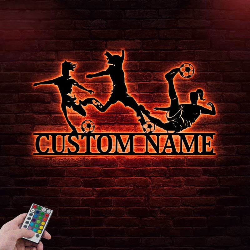 Personalized Name Soccer Girl Metal Wall Signs With RGB Led Light