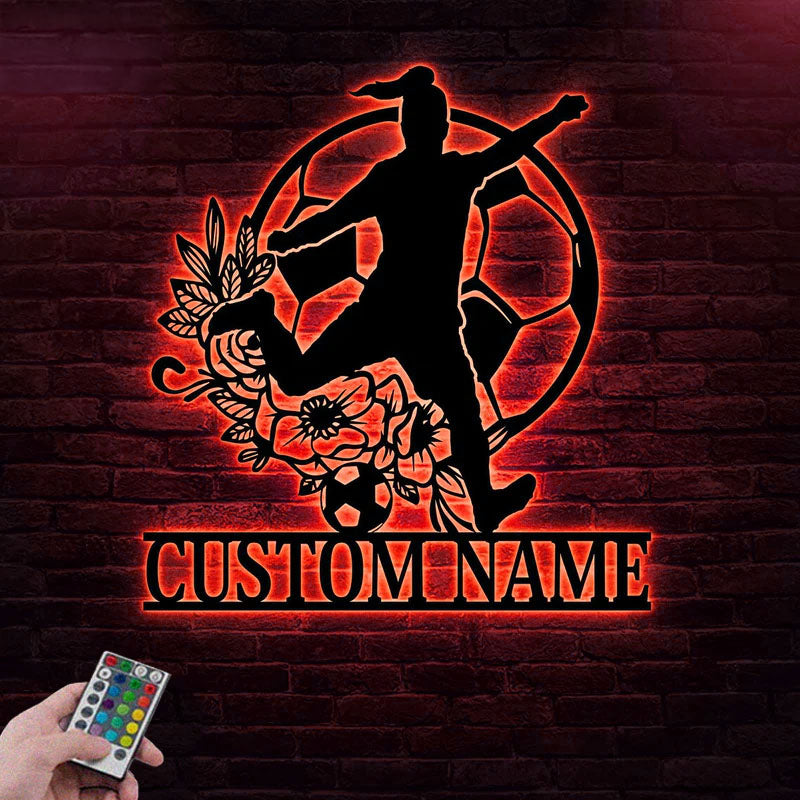 Personalized Name Soccer Girl, Metal Wall Signs With RGB Led Light