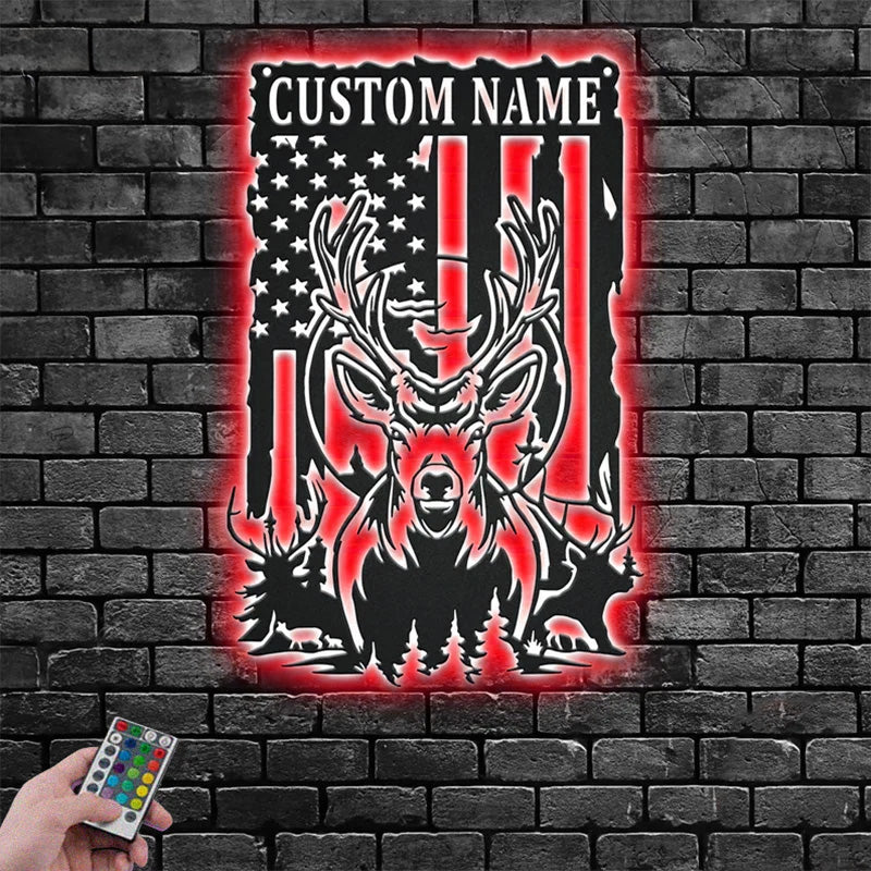 Personalized Name US Deer Outdoor Metal Wall Signs With RGB Led Light