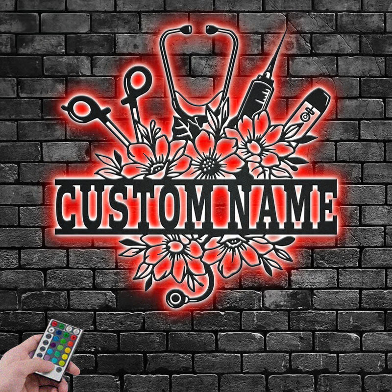 Personalized Nurse Floral Frame, Metal Wall Signs With RGB Led Light