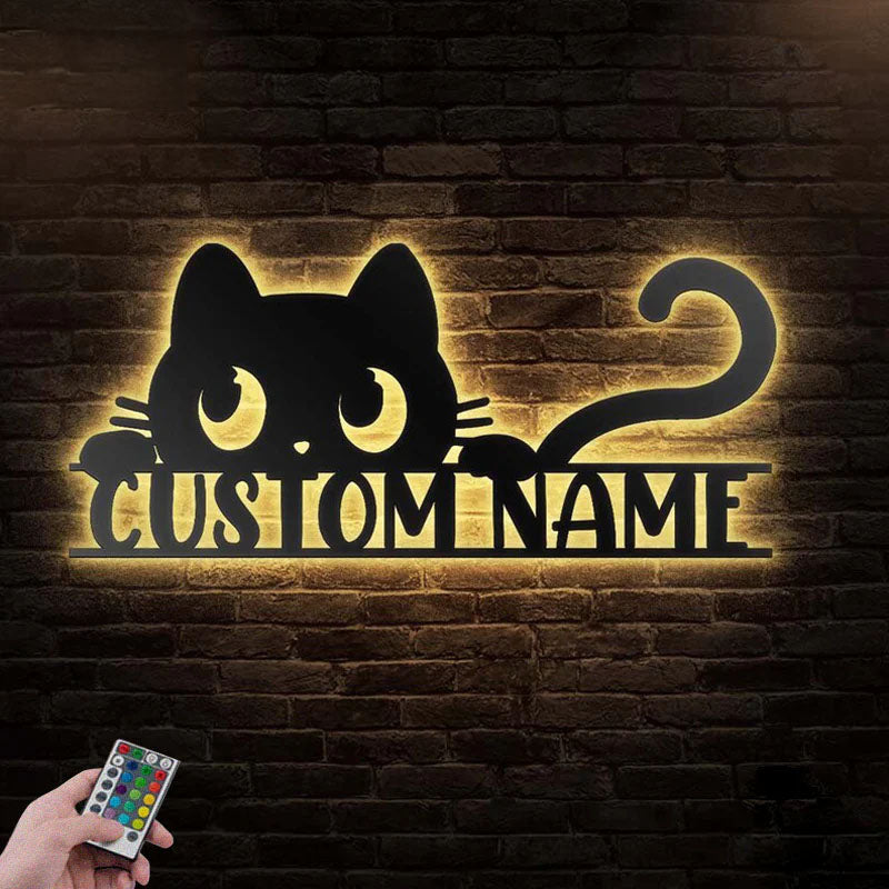 Personalized Peeking Cat, Metal Wall Signs With RGB Led Light