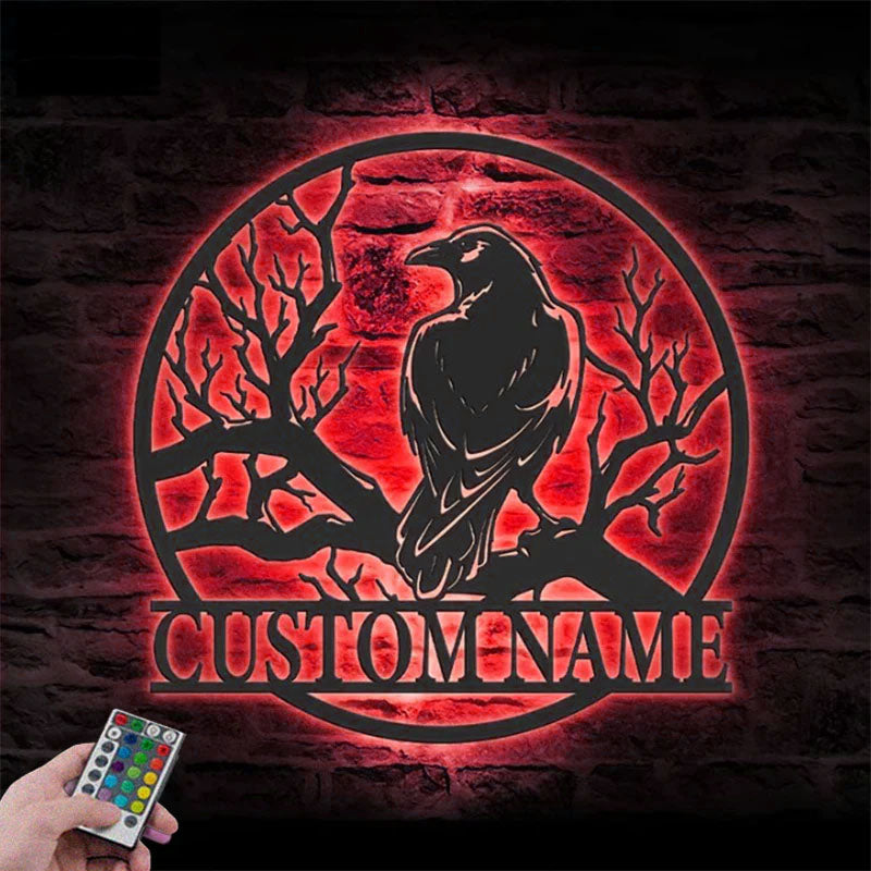 Personalized Raven Metal Wall Art with LED Light, Metal Wall Signs With RGB Led Light
