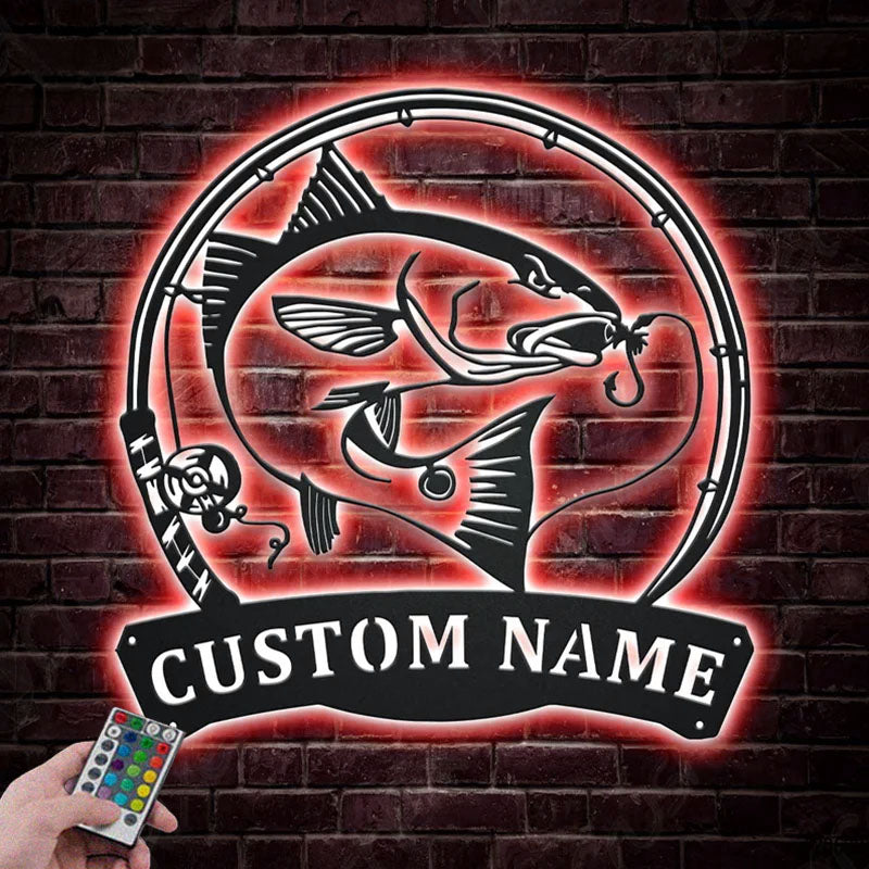 Personalized Red Drum Fishing Fish Pole Metal Wall Signs With RGB Led Light