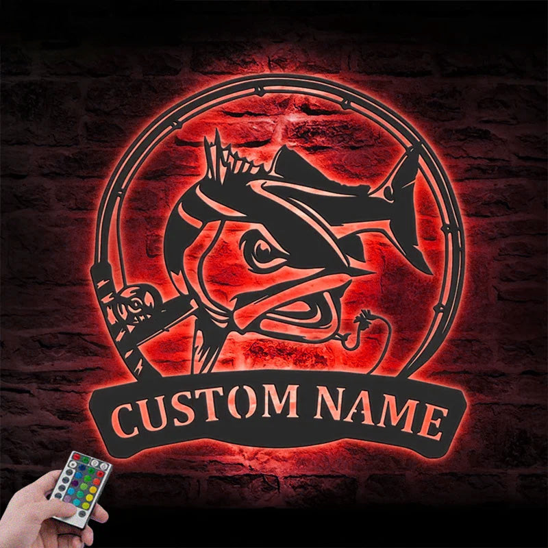 Personalized Red Drum Fishing Metal Wall Signs With RGB Led Light
