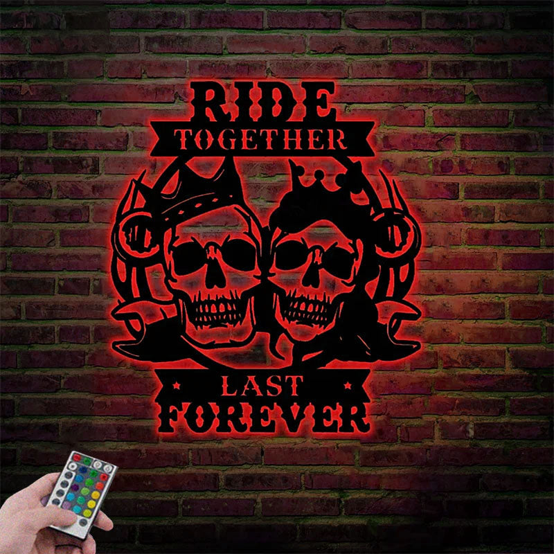 Personalized Ride Together Skull Couple Metal Sign With Colorful LED Lights, Metal Wall Signs With RGB Led Light