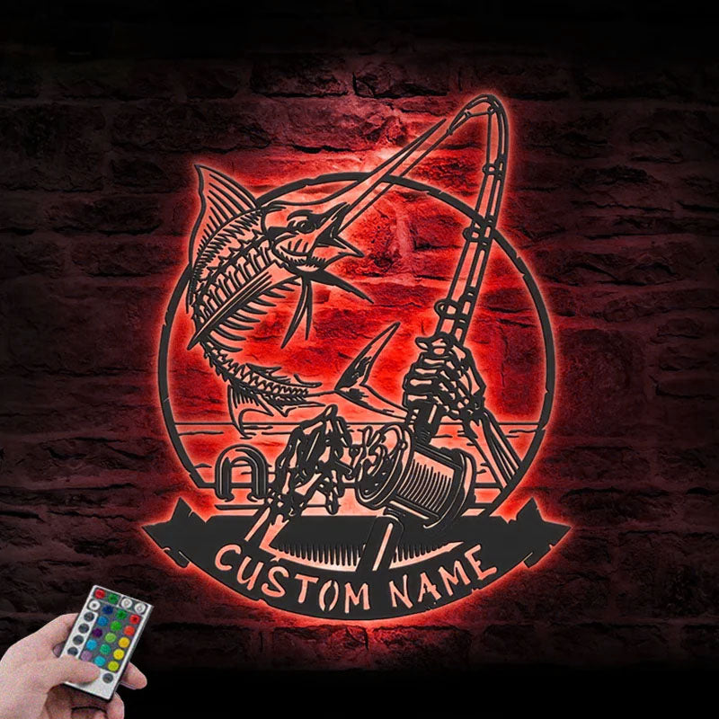 Personalized Skeleton Marlin Fishing Metal Wall Signs With RGB Led Light