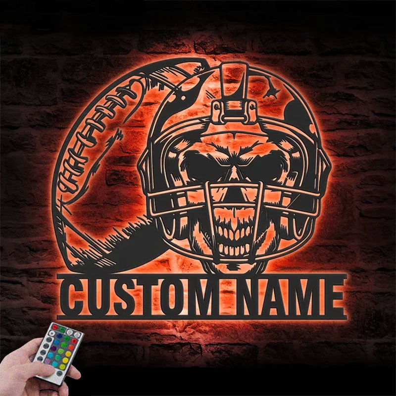 Personalized Skull American Football Metal Wall Signs With RGB Led Light