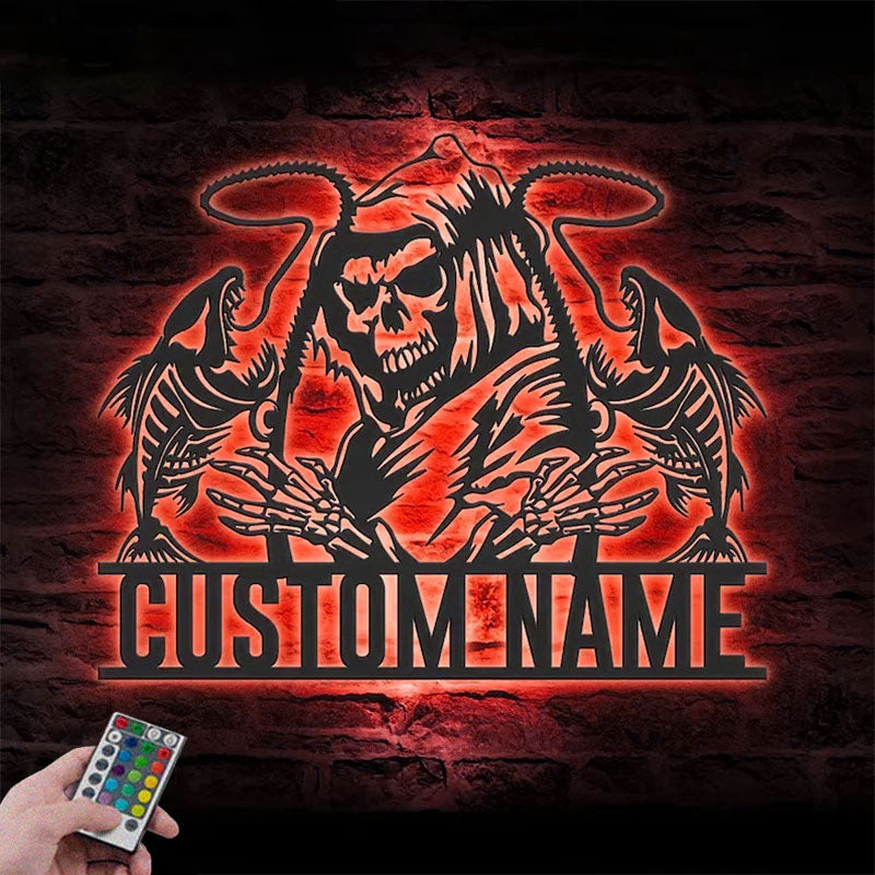 Personalized Skull Fishing Grim Reaper Metal Wall Signs With RGB Led Light