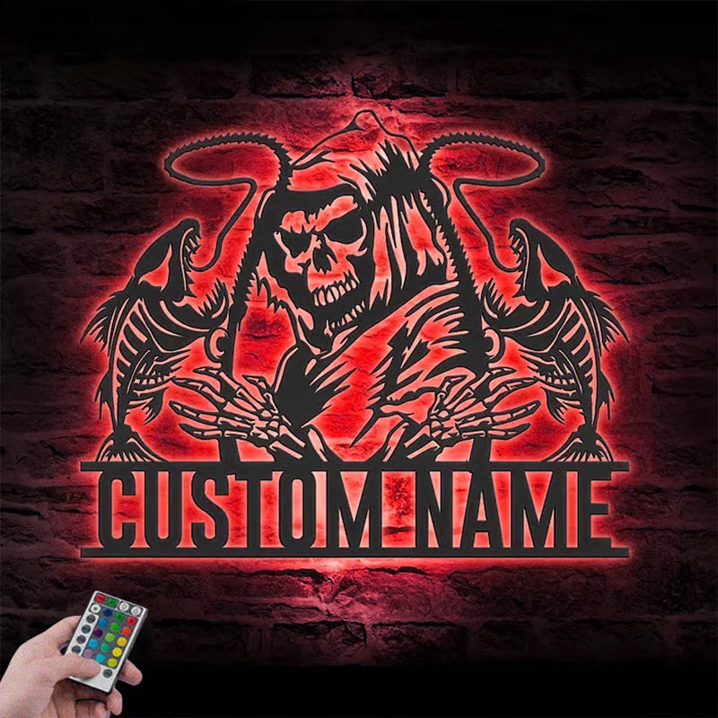 Personalized Skull Fishing Grim Reaper Metal Wall Signs With RGB Led Light