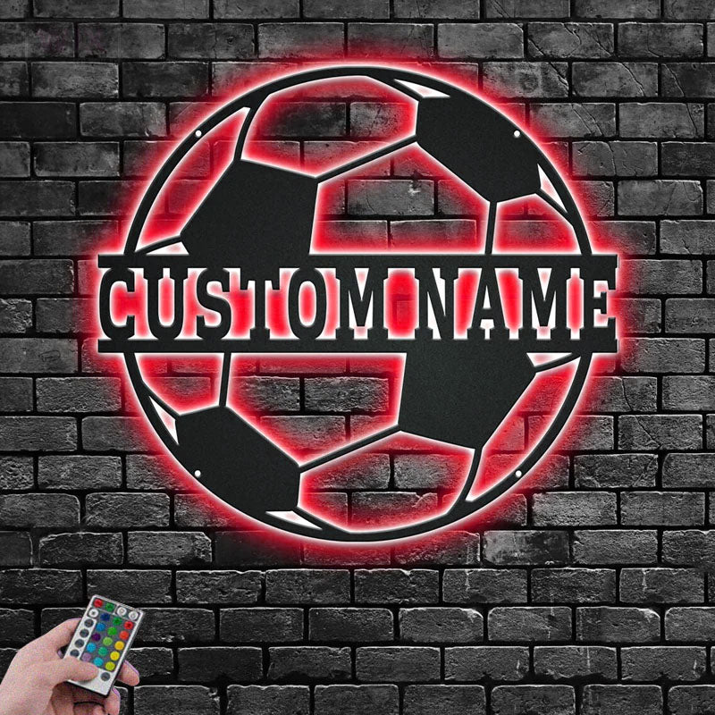 Personalized Soccer Player Name Sign Decoration For Room, Metal Wall Signs With RGB Led Light