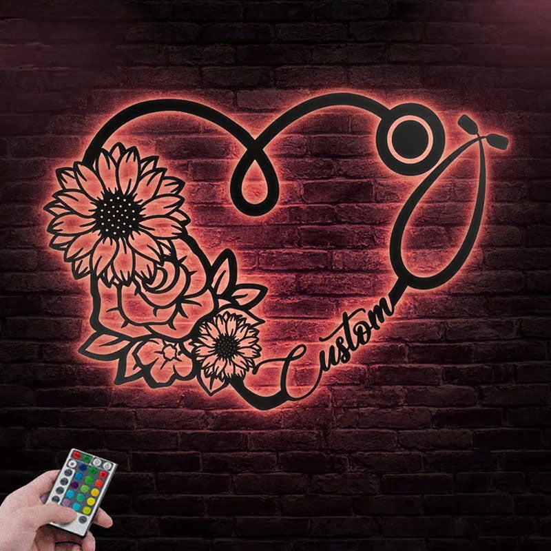 Personalized Sunflower And Rose Heart Stethoscope, Metal Wall Signs With RGB Led Light