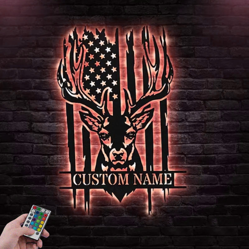 Personalized US Buck Head Deer Metal Wall Signs With RGB Led Light