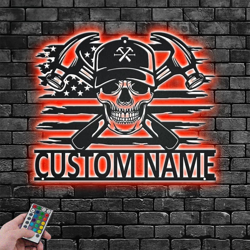 Personalized US Carpenter Skull Metal Wall Signs With RGB Led Light