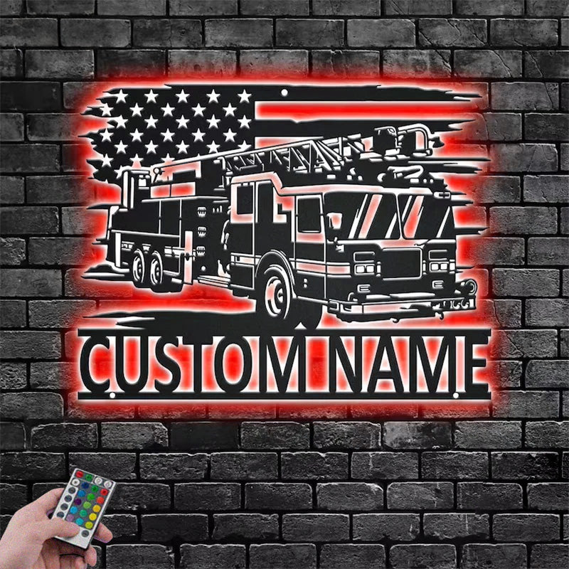 Personalized US Fire Truck Metal Metal Wall Signs With RGB Led Light