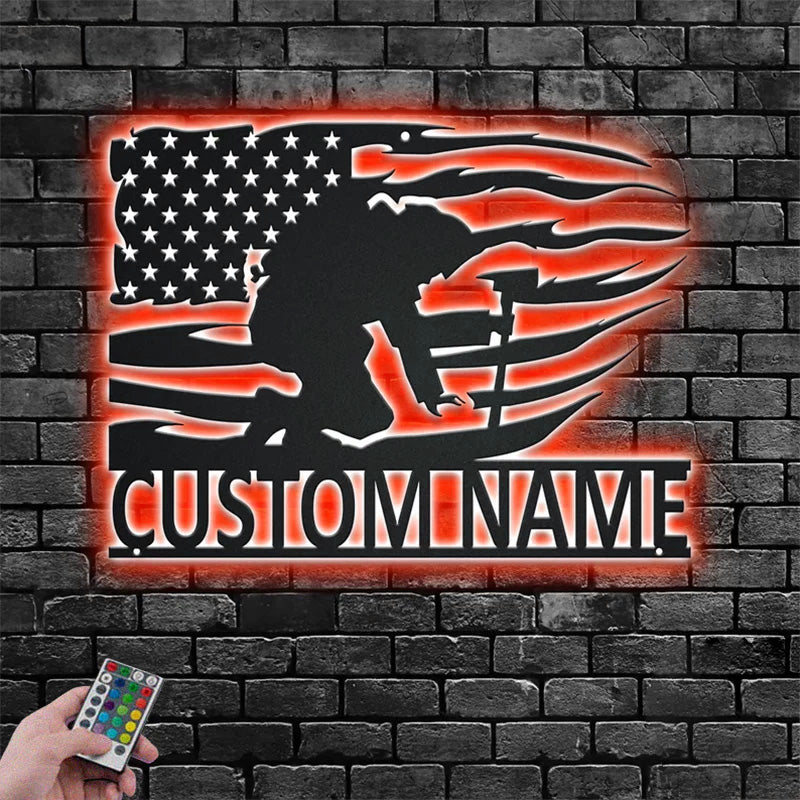 Personalized US Firefighter Kneeling Name Sign Decoration For Room Metal Wall Signs With RGB Led Light