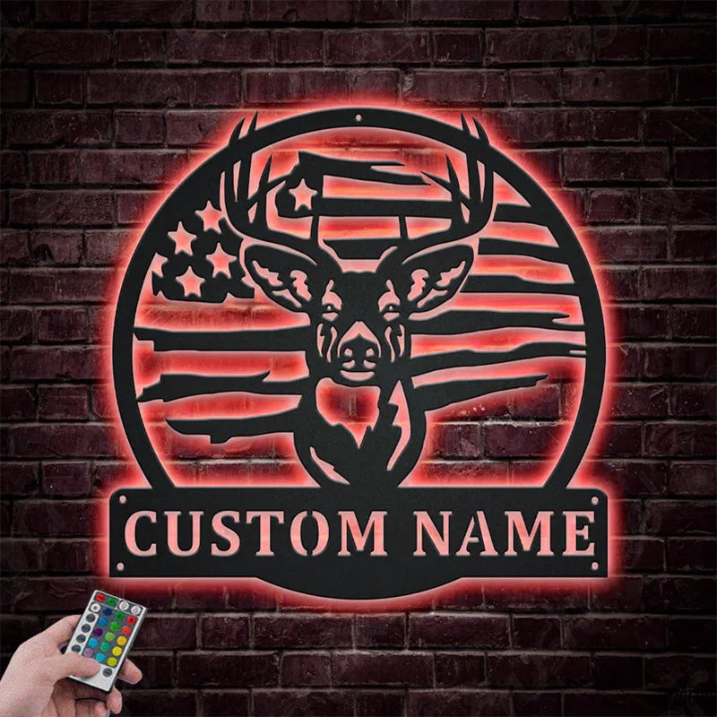 Personalized US Flag Deer Hunting Metal Wall Signs With RGB Led Light