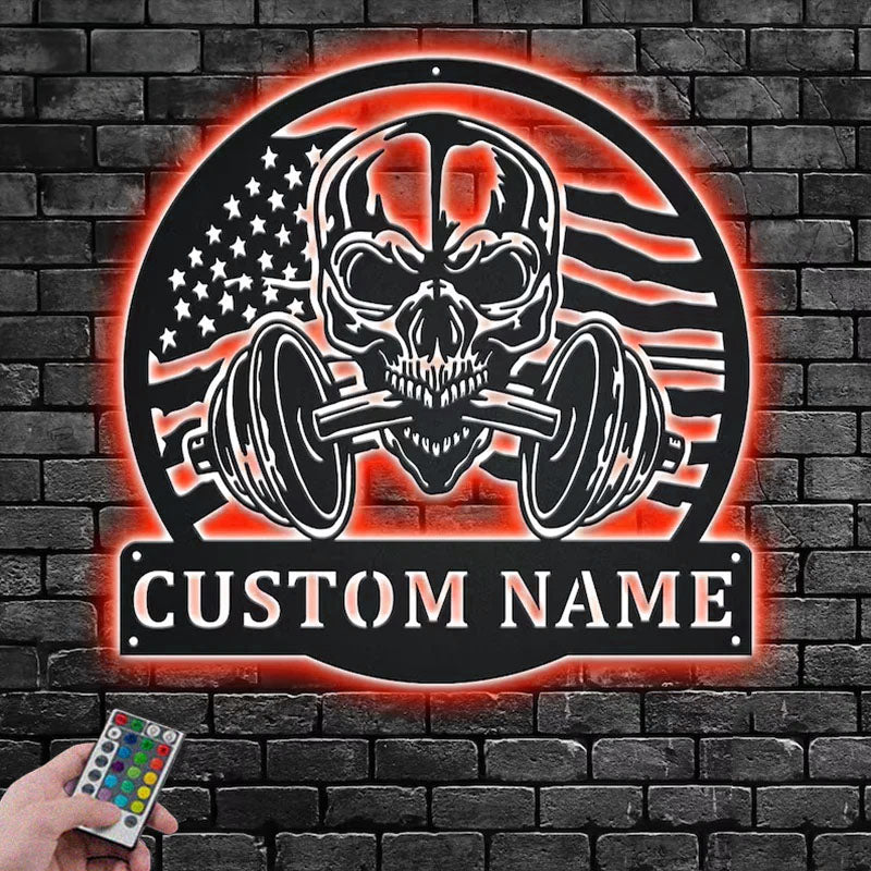 Personalized US Flag Skull Fitness Decoration For Room, Metal Wall Signs With RGB Led Light