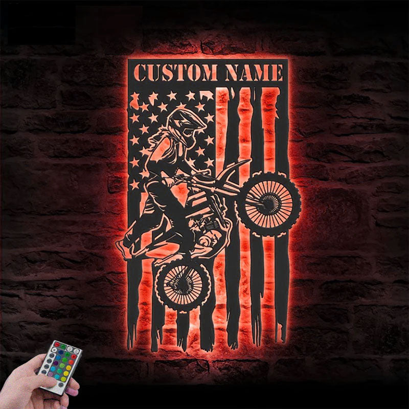 Personalized US Girl Motocross Biker, Metal Wall Signs With RGB Led Light
