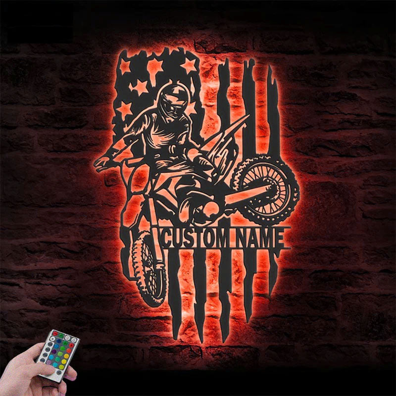 Personalized US Motocross Biker, Metal Wall Signs With RGB Led Light