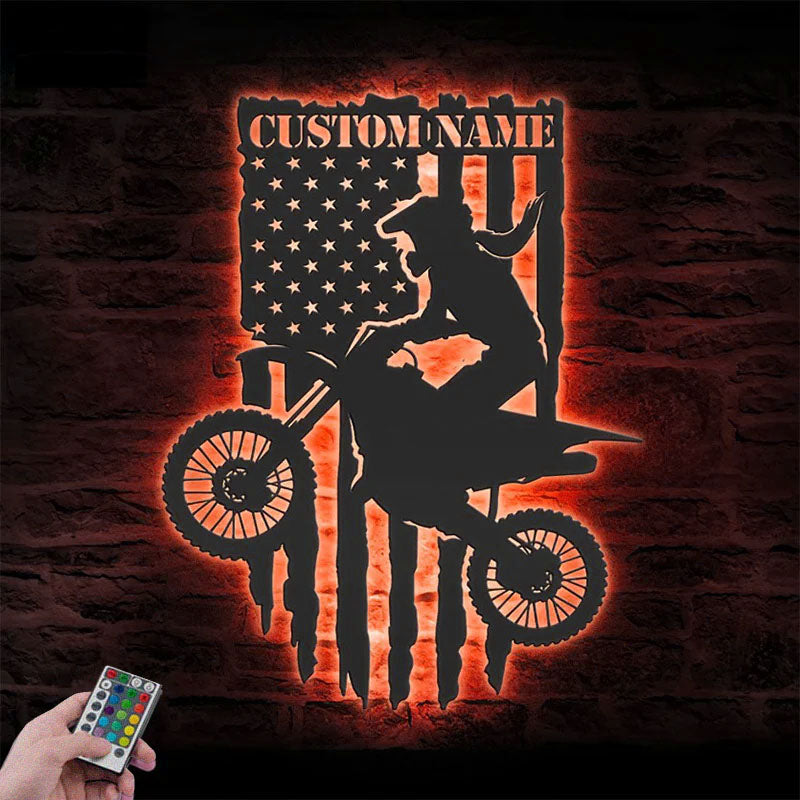 Personalized US Motocross Biker, Metal Wall Signs With RGB Led Light