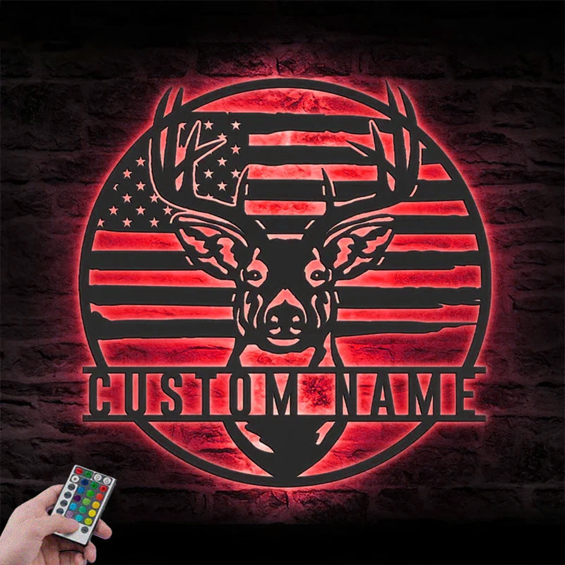 Personalized US Patriotic Deer Hunting Metal Wall Signs With RGB Led Light