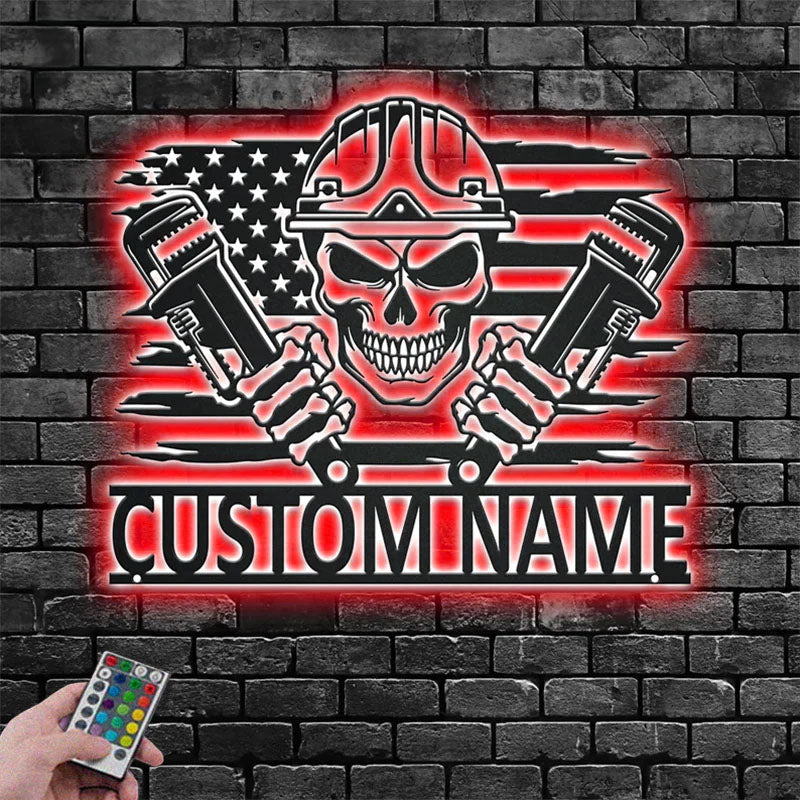 Personalized US Plumber Skull Metal Wall Signs With RGB Led Light