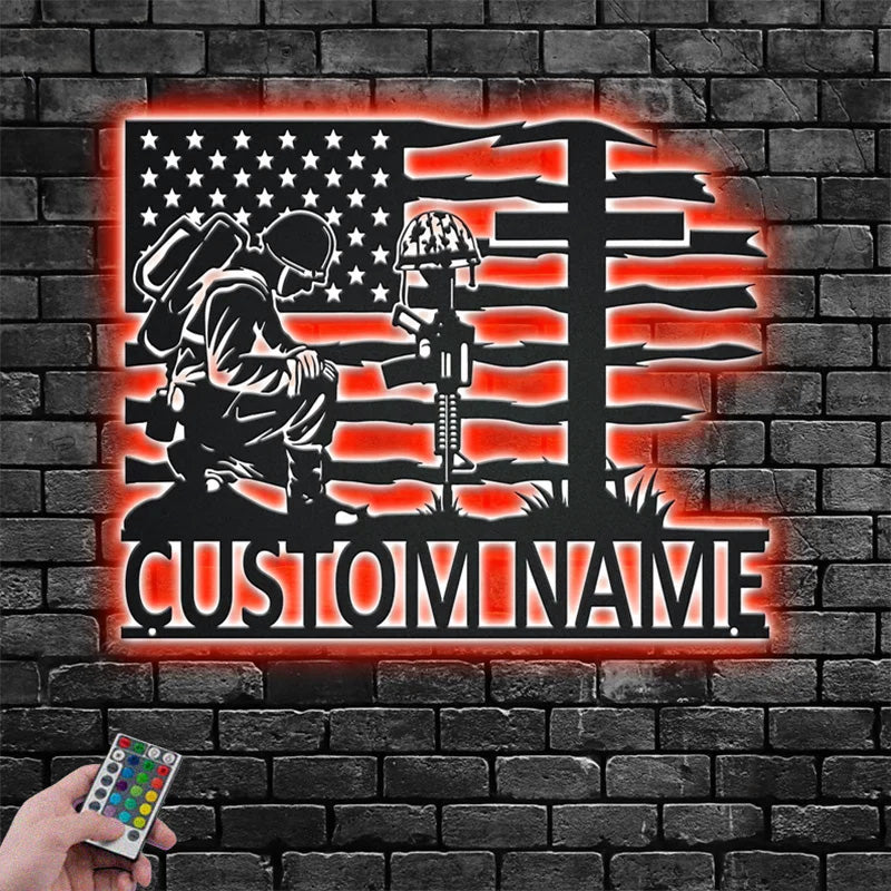 Personalized US Soldier Kneeling Metal Wall Signs With RGB Led Light