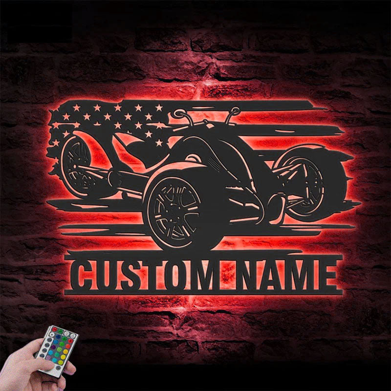 Personalized US Three Wheel Motorcycle, Metal Wall Signs With RGB Led Light