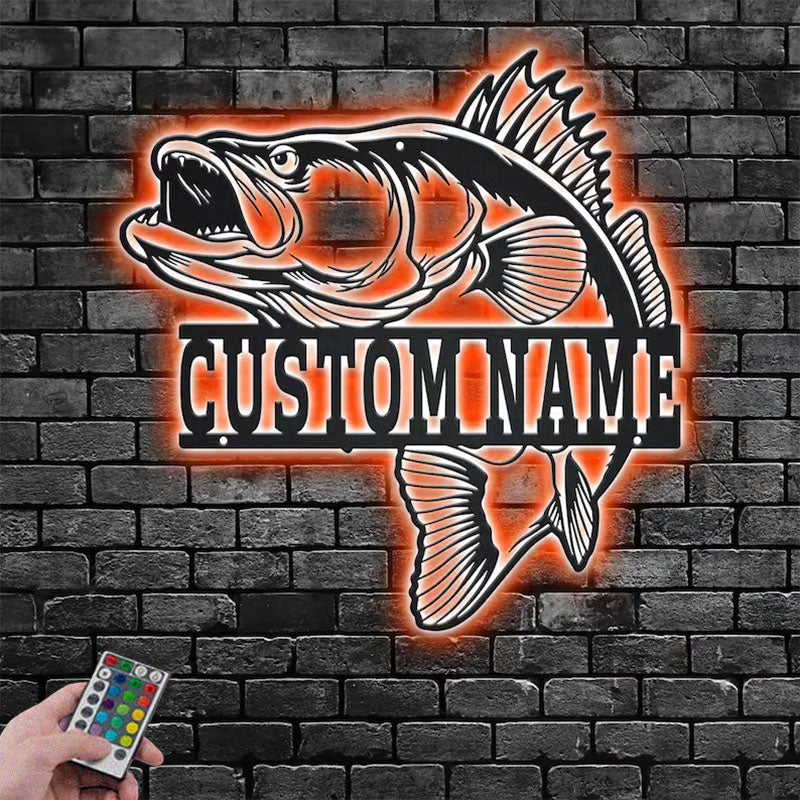 Personalized Walleye Fish Metal Wall Signs With RGB Led Light