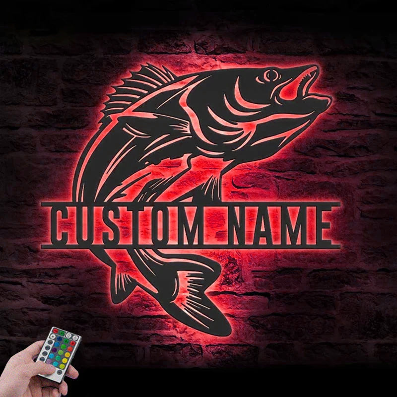 Personalized Walleye Fishing Metal Wall Signs With RGB Led Light