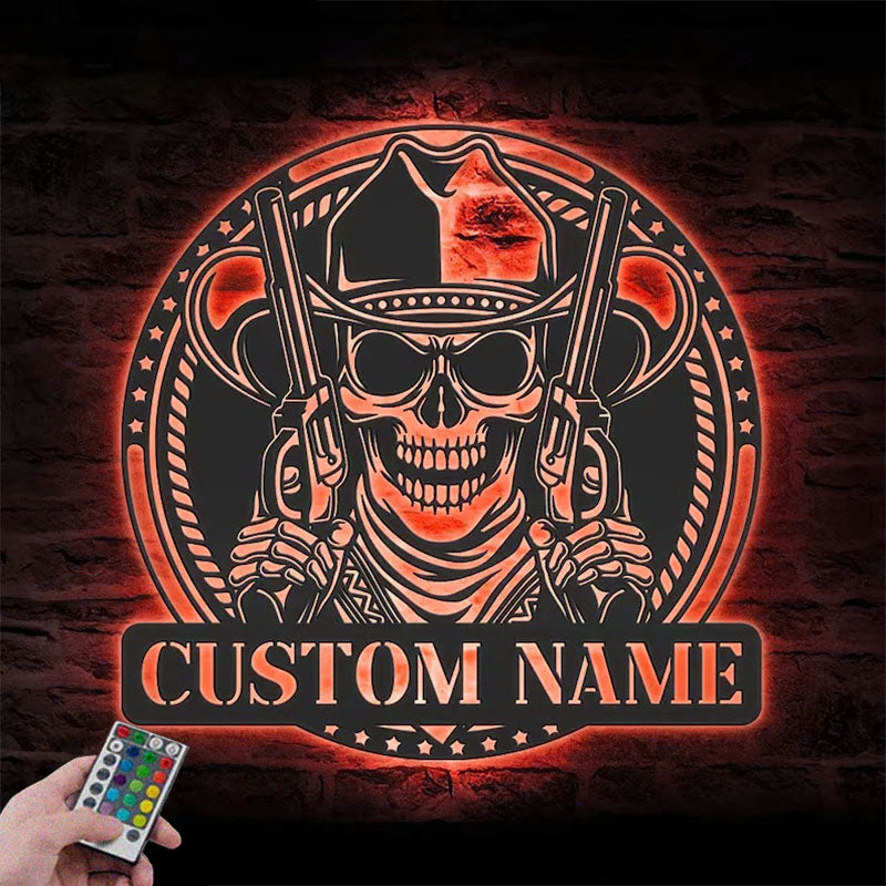 Personalized Western Cowboy Skull Hold Gun Metal Wall Signs With RGB Led Light