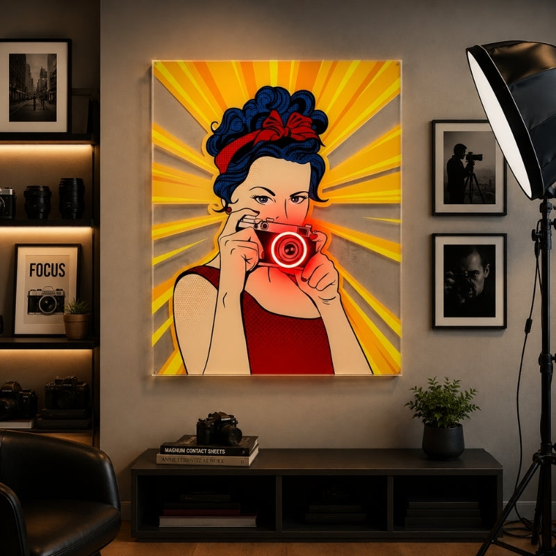 Photography Studio Neon Sign - Retro Camera Girl Art