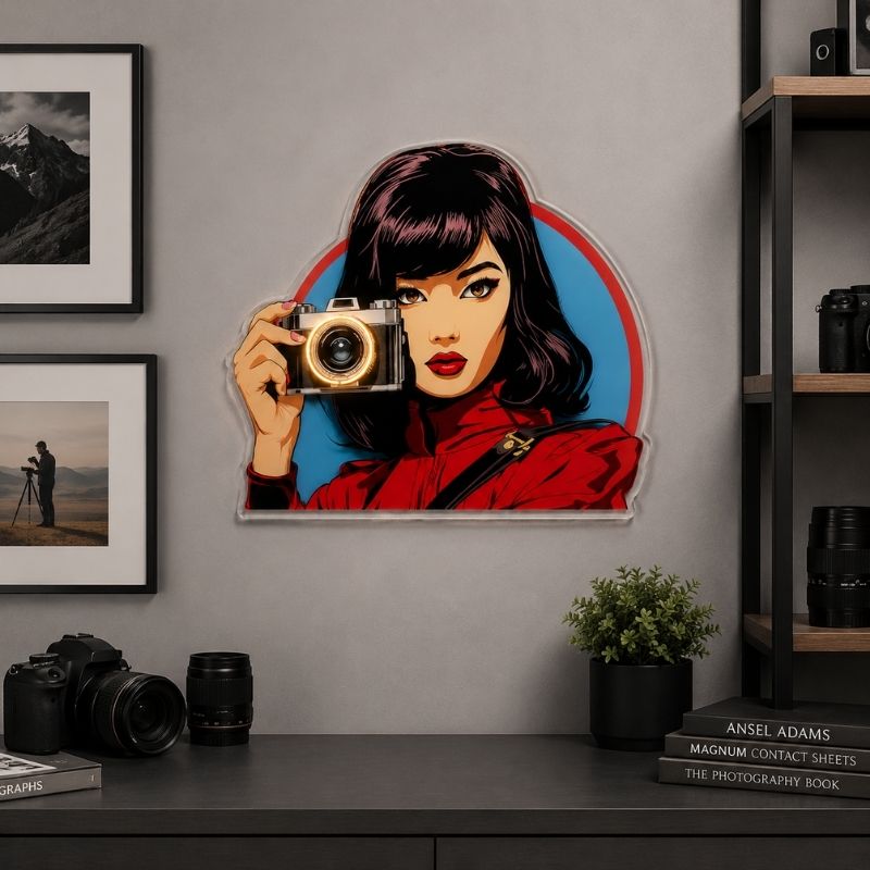 Photography Studio Neon Sign - Vintage Camera Girl Art