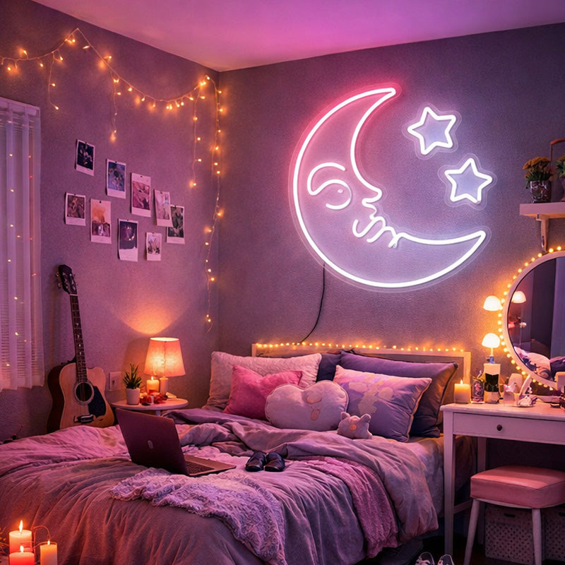 Pink Moon Face Neon Sign – Aesthetic LED Wall Decor for Cozy Bedroom