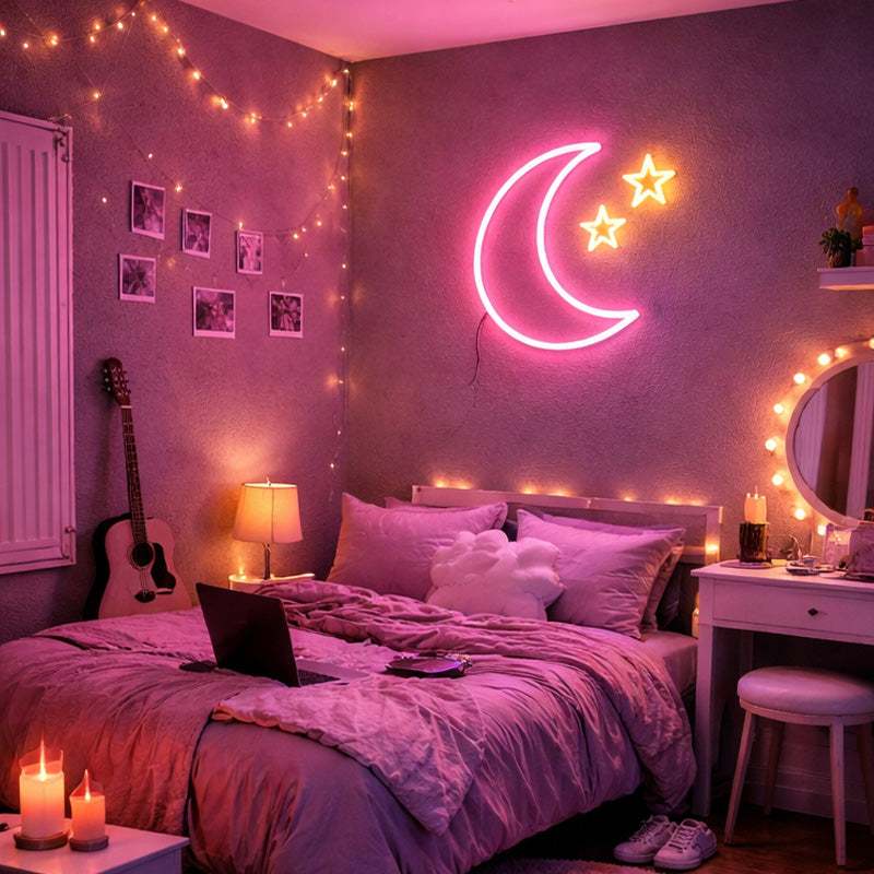 Pink Moon Neon Sign – Aesthetic LED Wall Decor for Cozy Bedroom & Room Setup