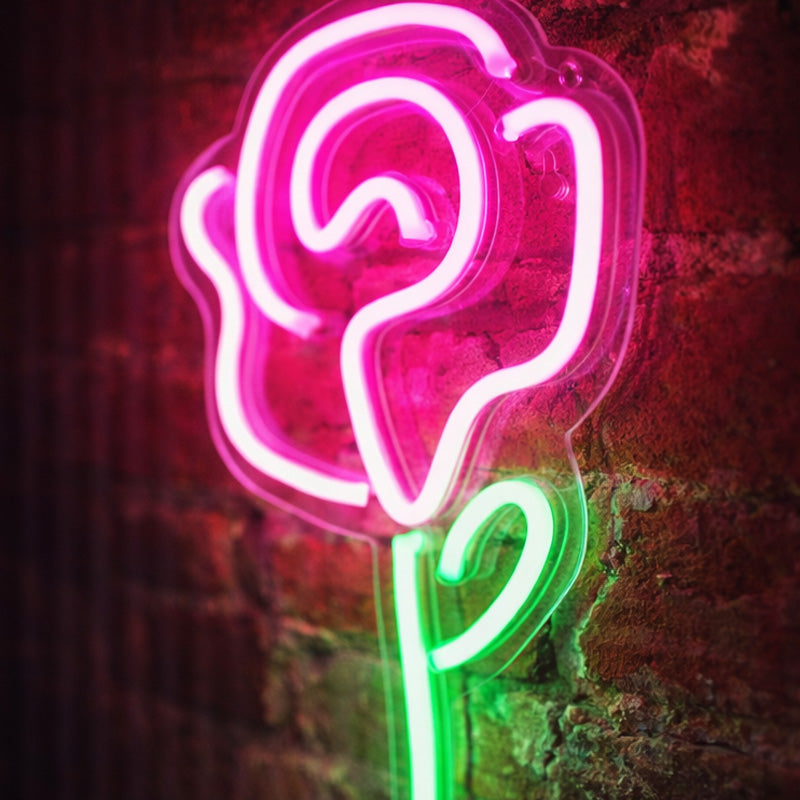 Pink Rose Neon Sign with Green Stem – Romantic Floral LED Wall Light