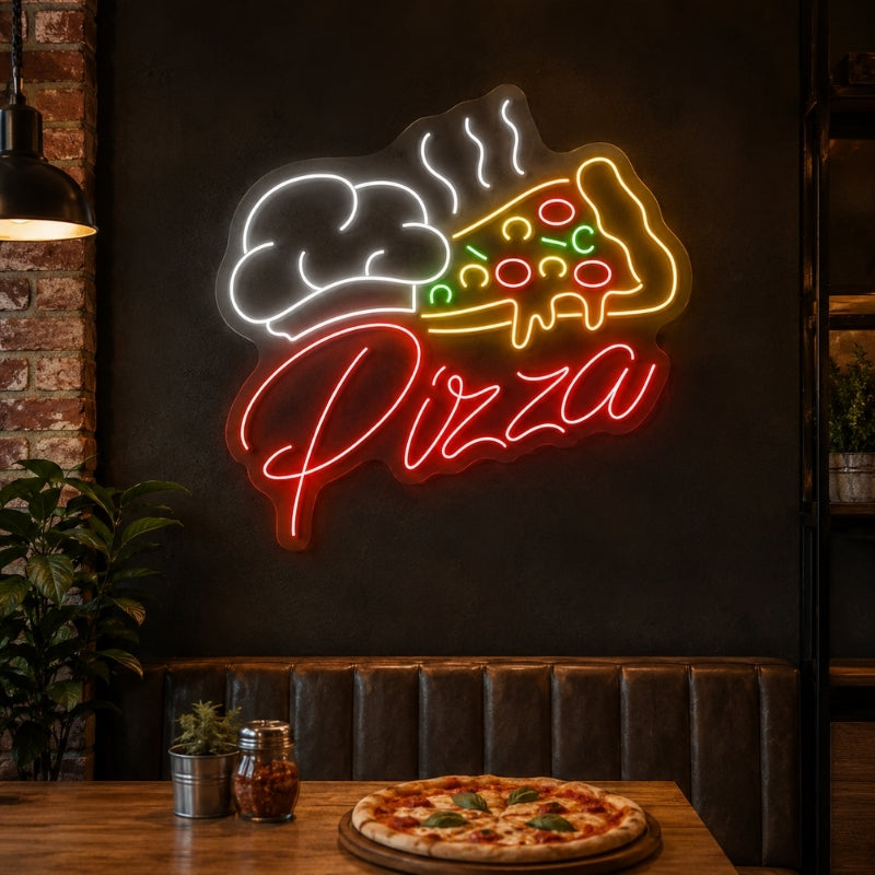 Pizza Neon Sign - Chef Hat Slice with Script Decor