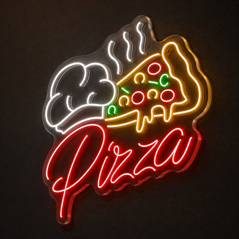 Pizza Neon Sign - Chef Hat Slice with Script Decor